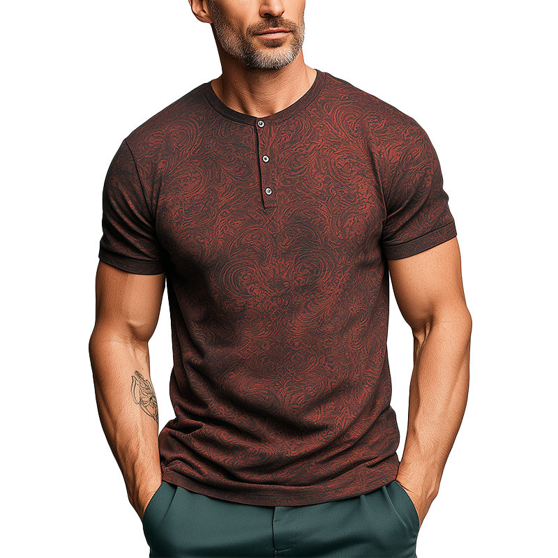 Men's Summer Fashion Personalized Printed Polyester Blended Short Sleeve Henley Shirt MTA1862F8P
