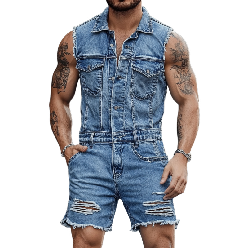 Herremote Shorts med Ermeløs Slag og Ripped Denim Jumpsuit MTA2303F2Y