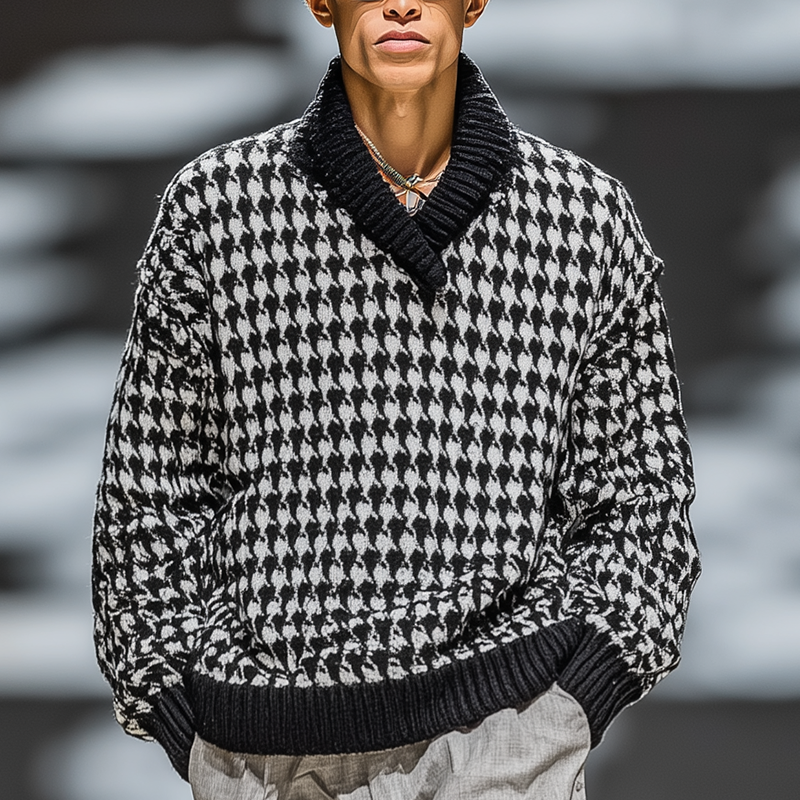 Men's Winter Fashion Cotton Knitted Houndstooth Pattern Sweater MTA1363J1P