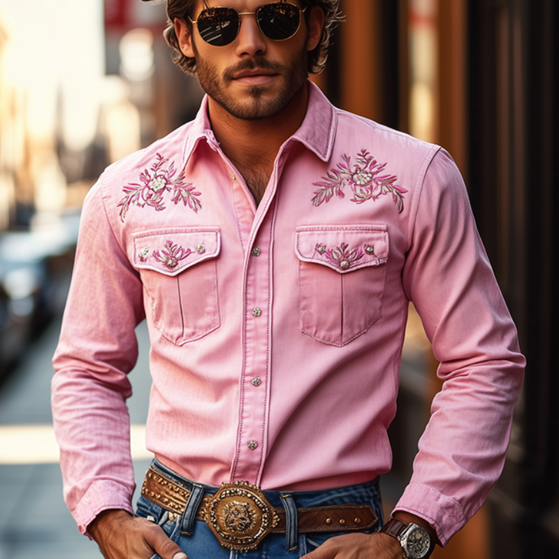 Men's American Retro Western Style Embroidered Long Sleeve Shirt 96546825K