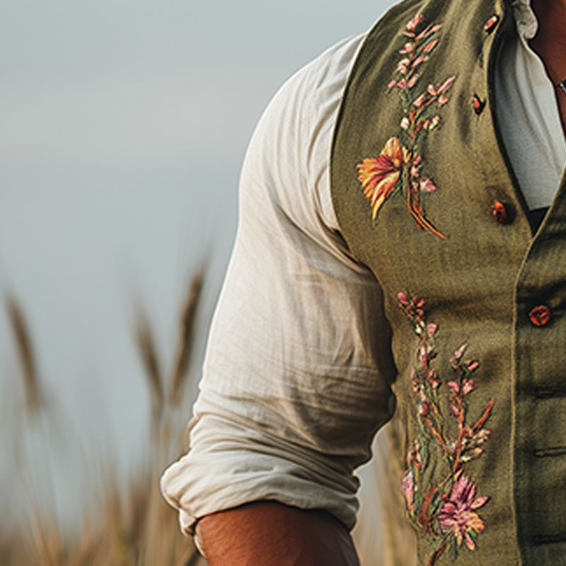 Men's Summer Fashion Embroidered Slub Linen Sleeveless Vest MTA3035F9P