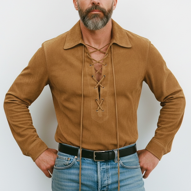 Men's Classic Western Style Suede Tie-Neck Long-Sleeve T-Shirt MTA0565L1U