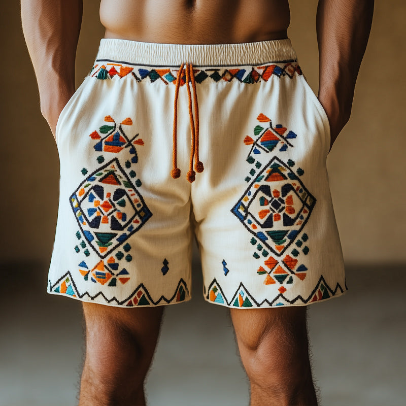 Men's Summer Cotton And Linen Retro Geometric Embroidery Shorts MTA0918E5U
