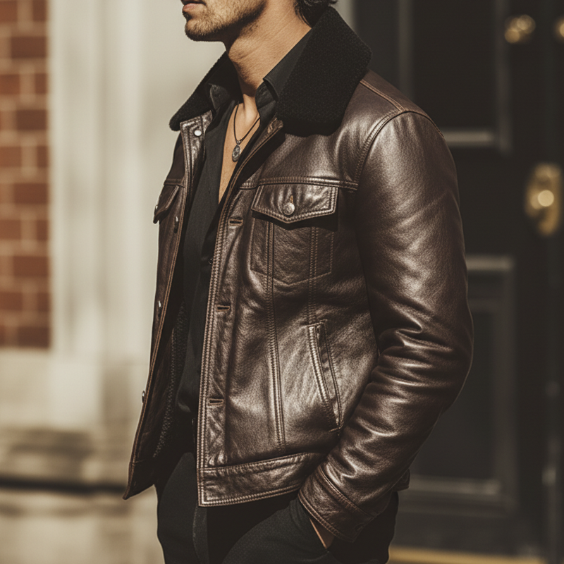 Men's Business Fur Collar Chocolate-colored PU Leather Jacket MTA0982L4U