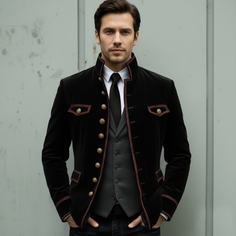 Men's Vintage Velvet Stand-Collar Multi-Button Embroidered Slim-Fit Jacket MTA1188K3U