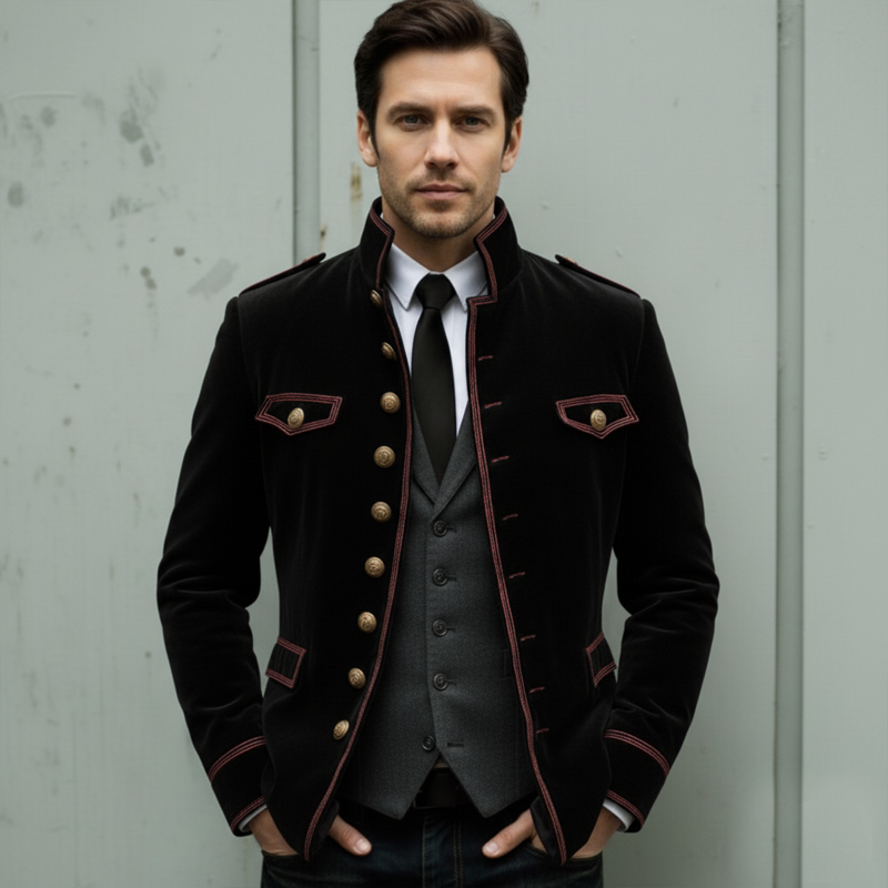 Men's Vintage Velvet Stand-Collar Multi-Button Embroidered Slim-Fit Jacket MTA1188K3U