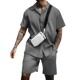 Men's Lapel Single Breasted Short Sleeve Shirt Shorts Set 04319018Z
