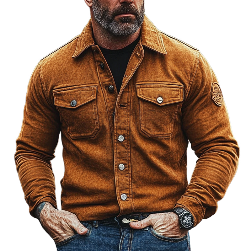 Men's Solid Color Faux Suede Lapel Long Sleeve Shirt MTA2621H4X