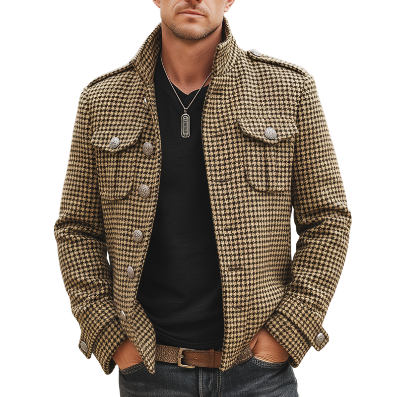 Men's Retro Stand Collar Multi-Button Houndstooth Faux Wool Jacket MTA1847K8U