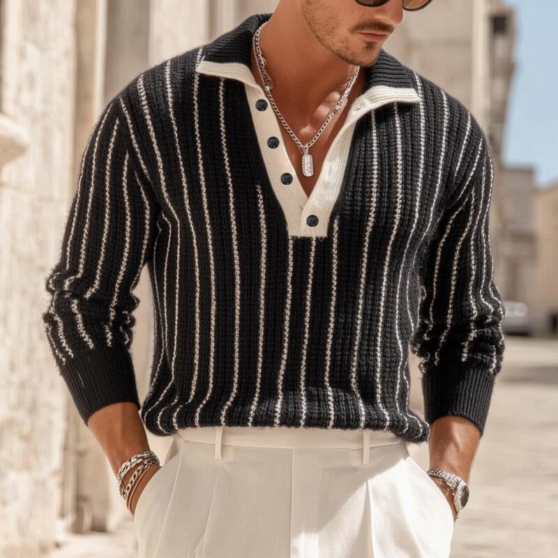 Men's Fashion Contrast Striped Breathable Knit Polo Neck Loose Pullover Sweater MTA2815H4M
