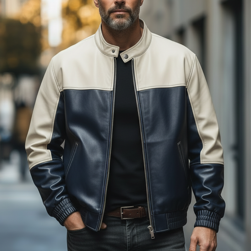 Men's Vintage Style Color-block PU Faux Leather Zip-up Jacket MTA2394L5P
