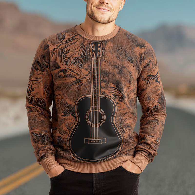 Men's Fashion Guitar Print Cotton Blend Crew Neck Sweatshirt MTA2723J2P