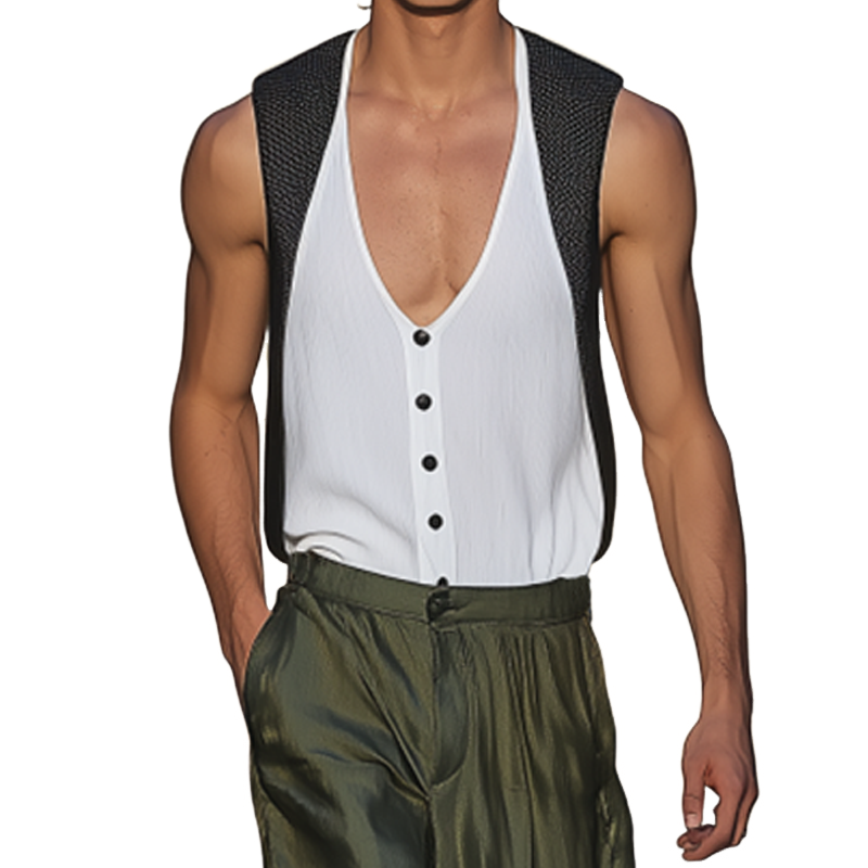 Men's Summer Fashion Casual Mesh Fabric Splicing Cotton Blended Decorative False Placket Deep V-neck Tank Top MTA2397F6K