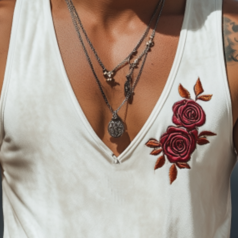 Men's Classic Casual American Retro Velvet Rose Embroidered Tank Top 42849503K