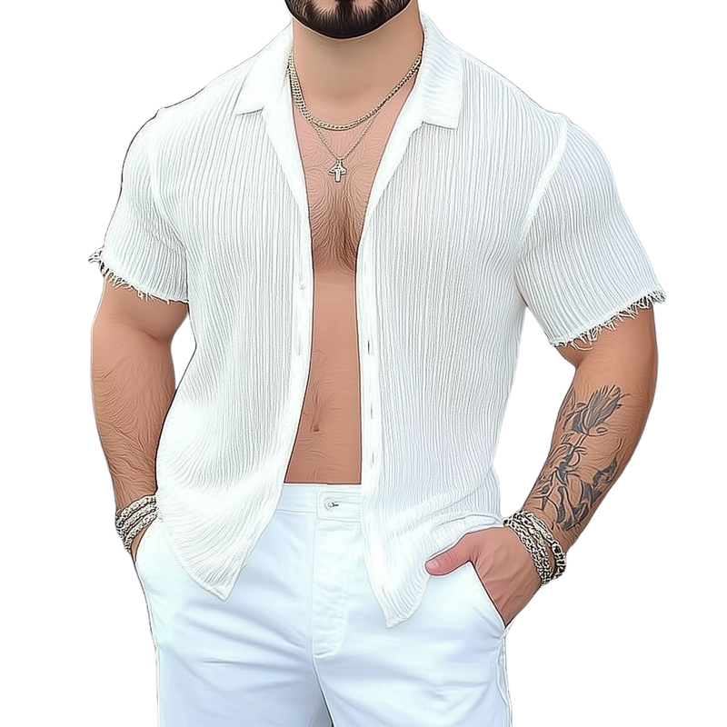 Men's Casual White Ice Silk Wrinkled Short-sleeved Shirt 94971305U