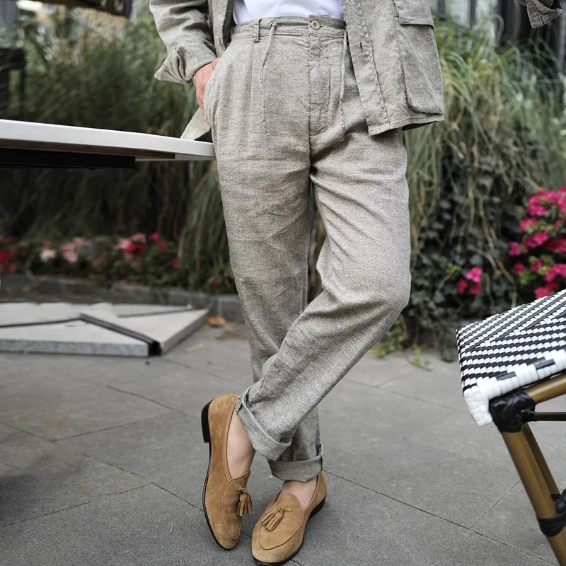 Men's Fashion Cotton And Linen Drawstring Waist Suit Pants MTA1325E3Z