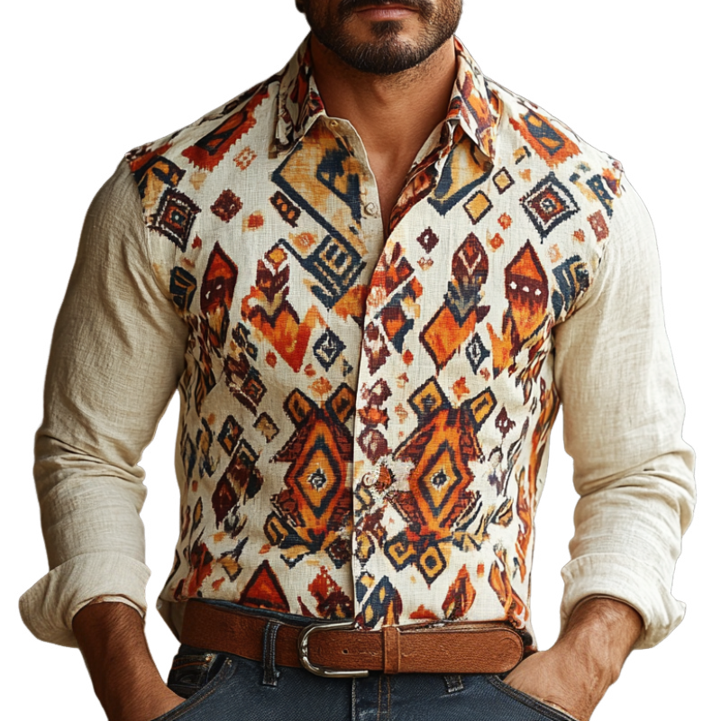 Men's Retro Lapel Cotton and Linen Printed Long Sleeve Shirt 74772330F