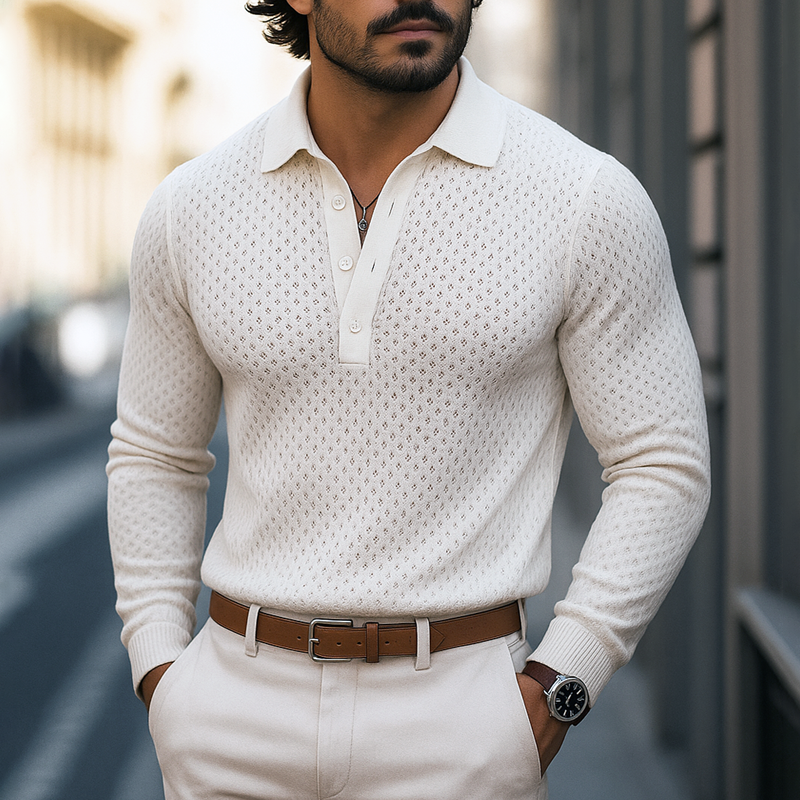 Men's Openwork Knit Lapel Long Sleeve Polo Shirt MTA1446H0Z
