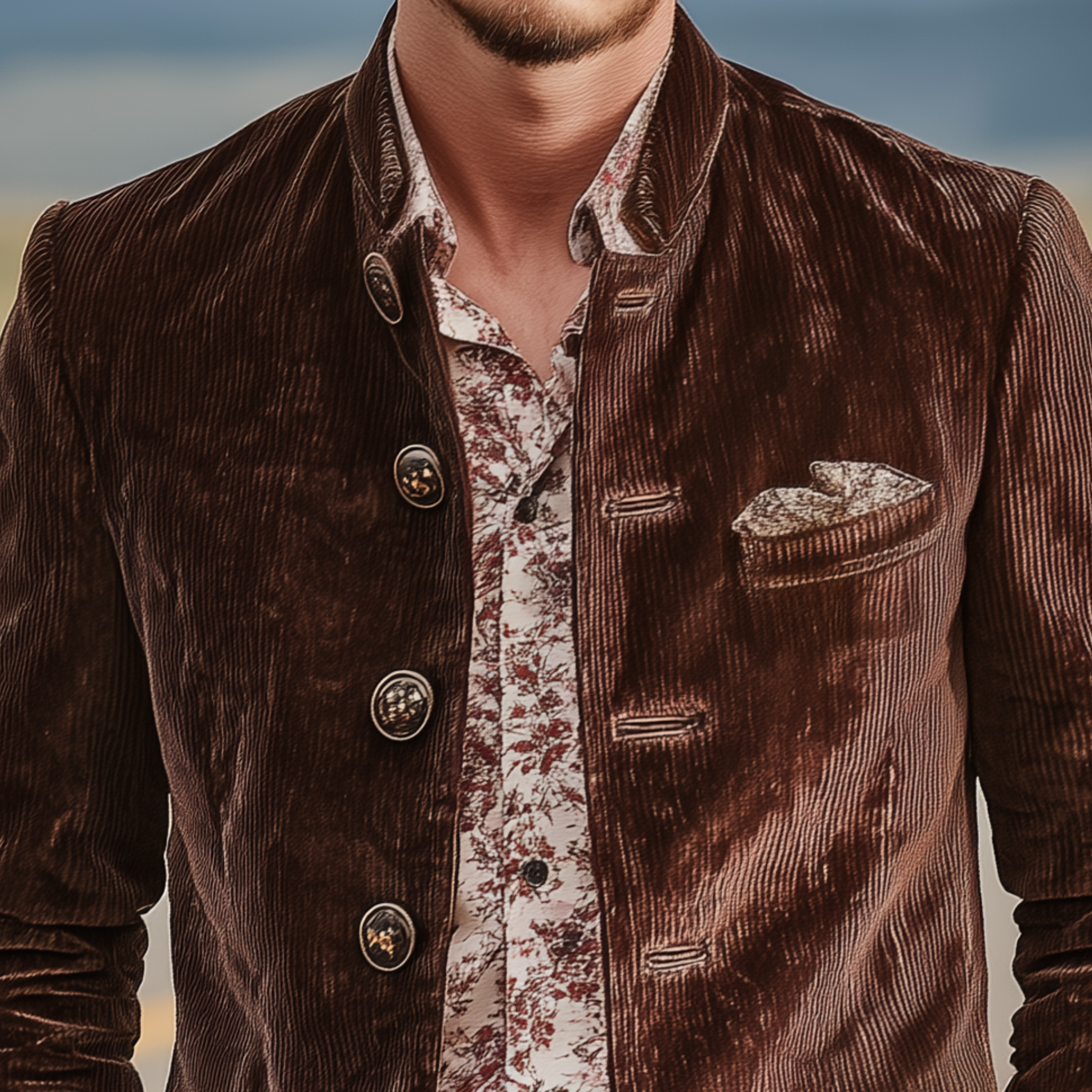 Men's Classic Casual Pocket Stitching PU Leather Stand Collar Corduroy Jacket MTA1709I2K