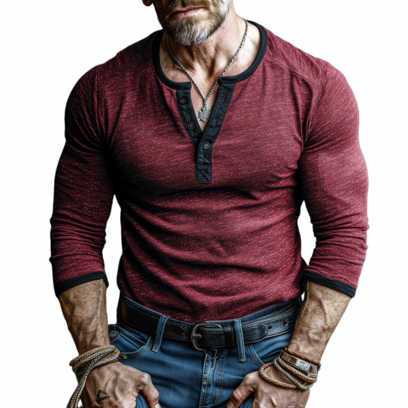 Men's Casual Cotton Contrast Color Patchwork Henry Collar Slim Fit Long Sleeve T-Shirt MTA2299G0M