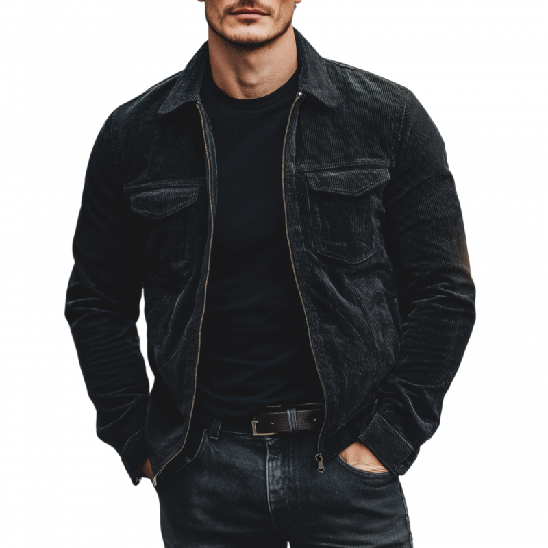 Men's Casual Fashion Solid Color Corduroy Lapel Zipper Placket Multi-pocket Loose Jacket MTA3061G3M