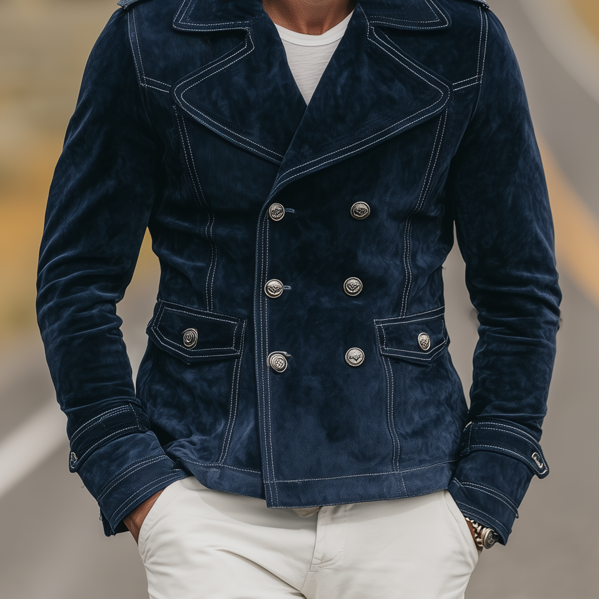 Men's Classic Vintage Western Style Lapel Suede Double Breasted Jacket MTA1889H9K