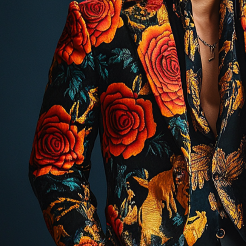 Men's Retro Western Cowboy Style Luxury Rose Print Satin Blazer MTA0622E4TO