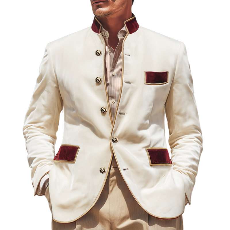 Men's Classic Stand Collar Velvet Colorblock Button Slim Fit Jacket MTA1647I4U