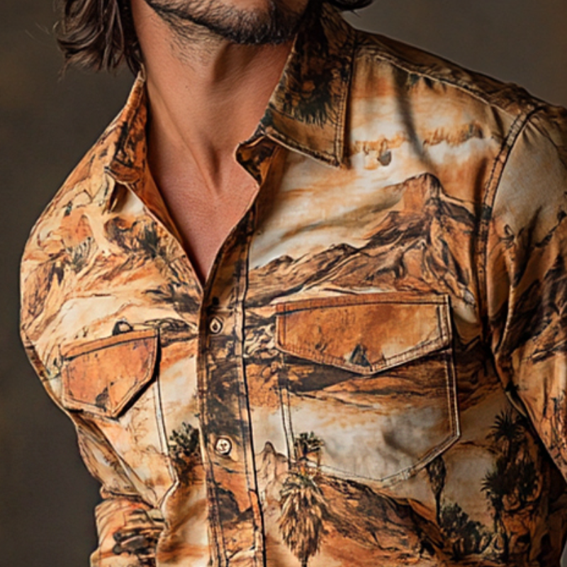 Herreskjorte i retro western-cowboystil med trykk og lommeslag, langermet MTA0664E5TO