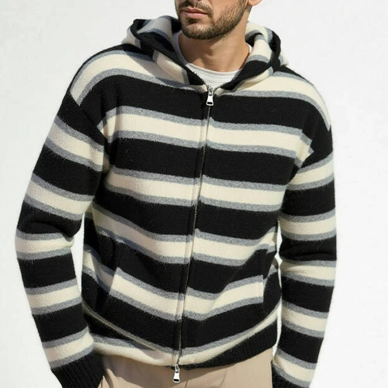 Men's Striped Knit Hooded Zip-Up Cardigan MTA0481H8X