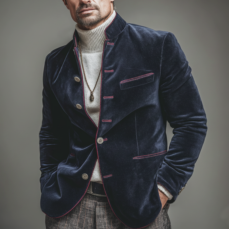 Men's Retro Business Stand Collar Velvet Embroidered Lines Slim Fit Jacket MTA2257L0U