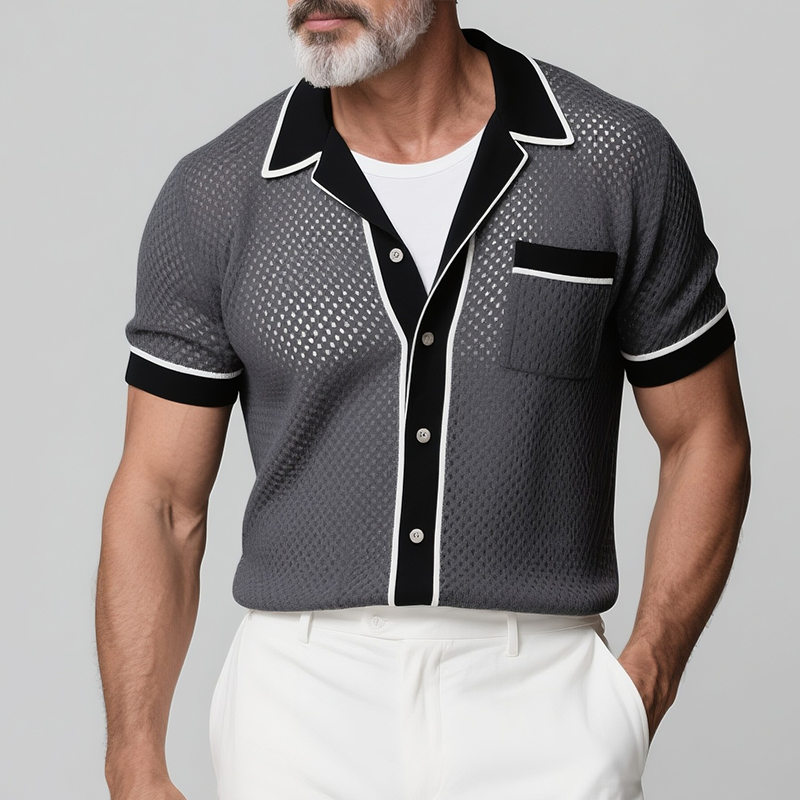 Men's Retro Casual Knitted Colorblock Lapel Short Sleeve Shirt MTA2743F2TO