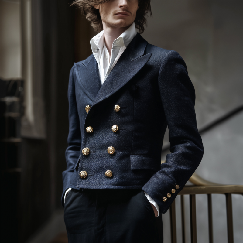 Men's Vintage Solid Color Cotton Blend Peaked Lapel Double-Breasted Metal Button Slim-Fit Cropped Jacket MTA2926G0M