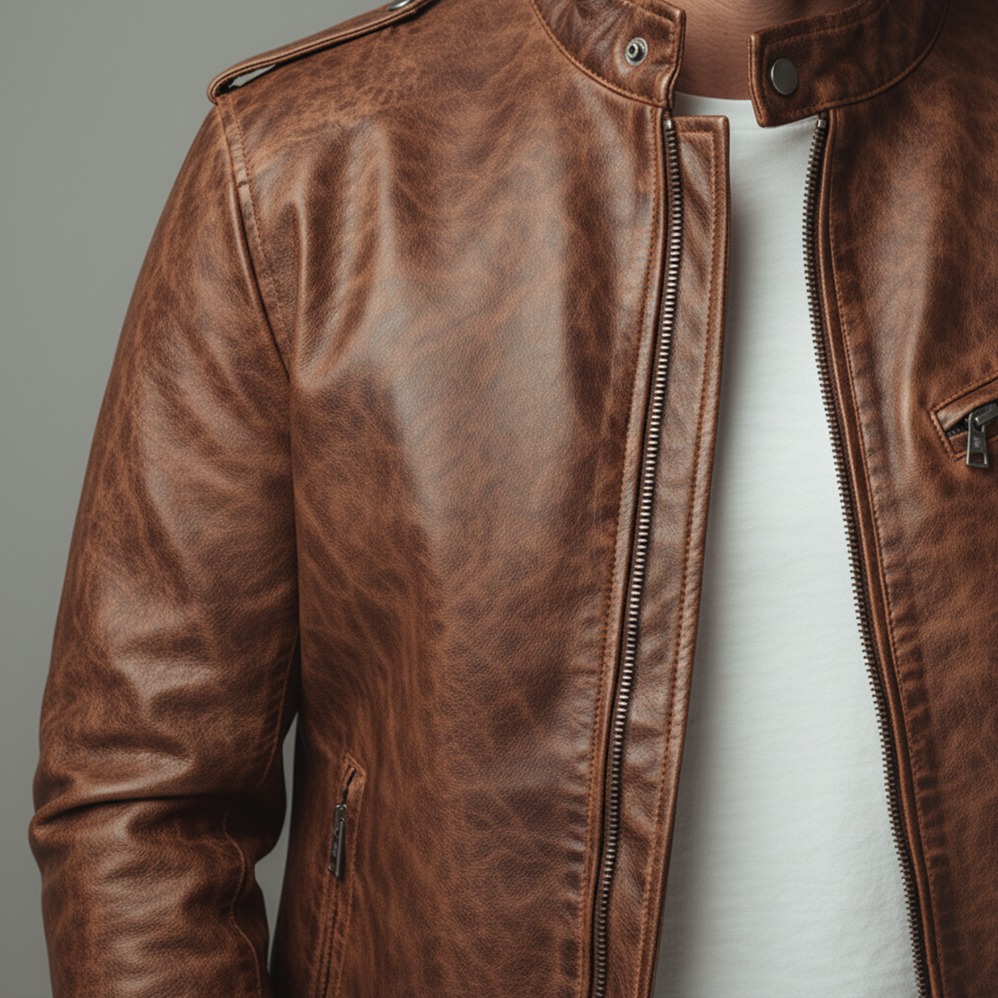 Men's Classic Vintage Distressed PU Leather Stand Collar Zipper Jacket MTA2289J0K