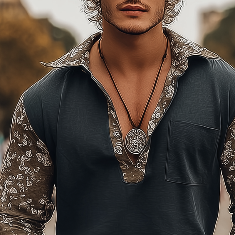 Men's Floral Stitching Lapel Long Sleeve T-shirt MTA1377H2Z