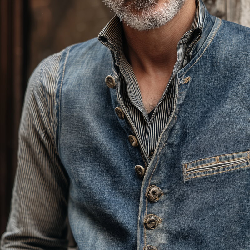 Men's Vintage Washed Denim Round Neck Single Breasted Multi-pocket Vest MTA1845H1Z