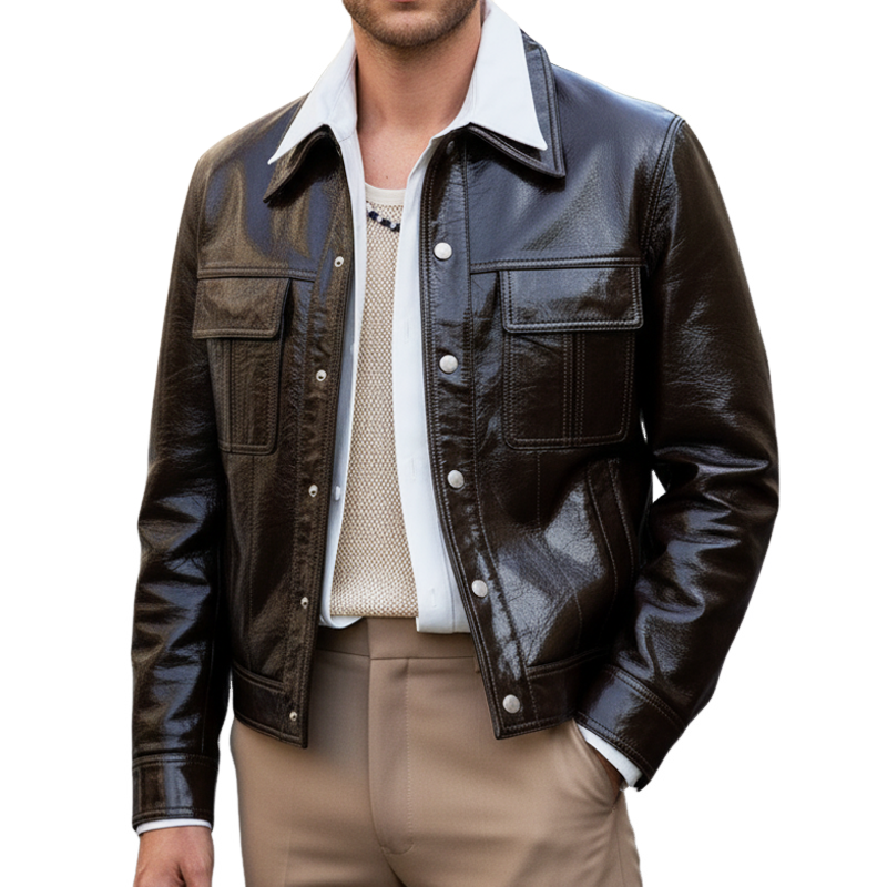 Men's Classic Chocolate Snap Button Shiny PU Leather Jacket MTA1023J5U