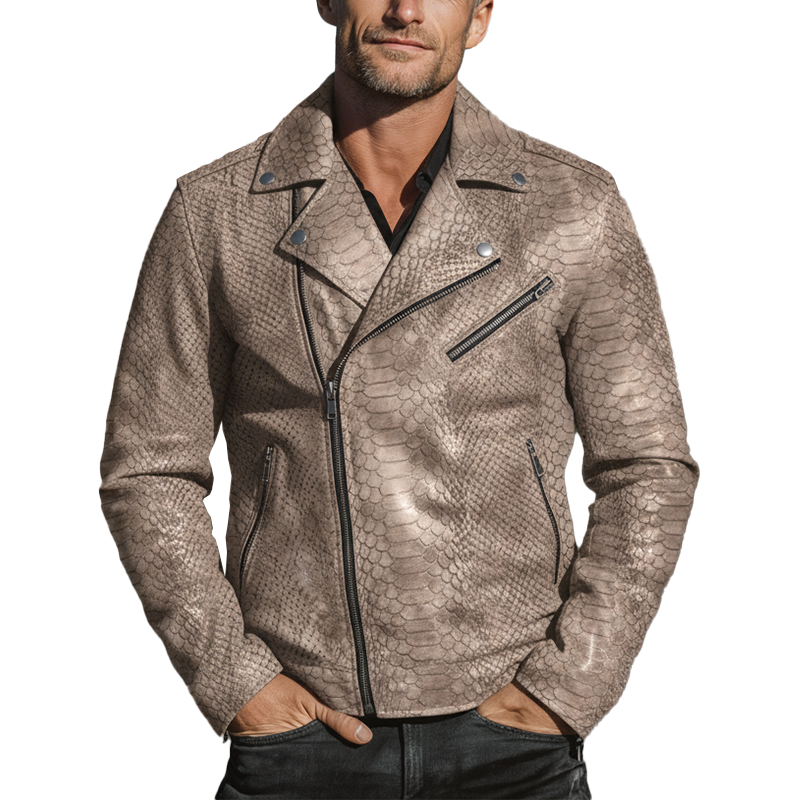 Men's Retro Satin 3D Snake Pattern PU Leather Zip-up Jacket MTA3075I9P