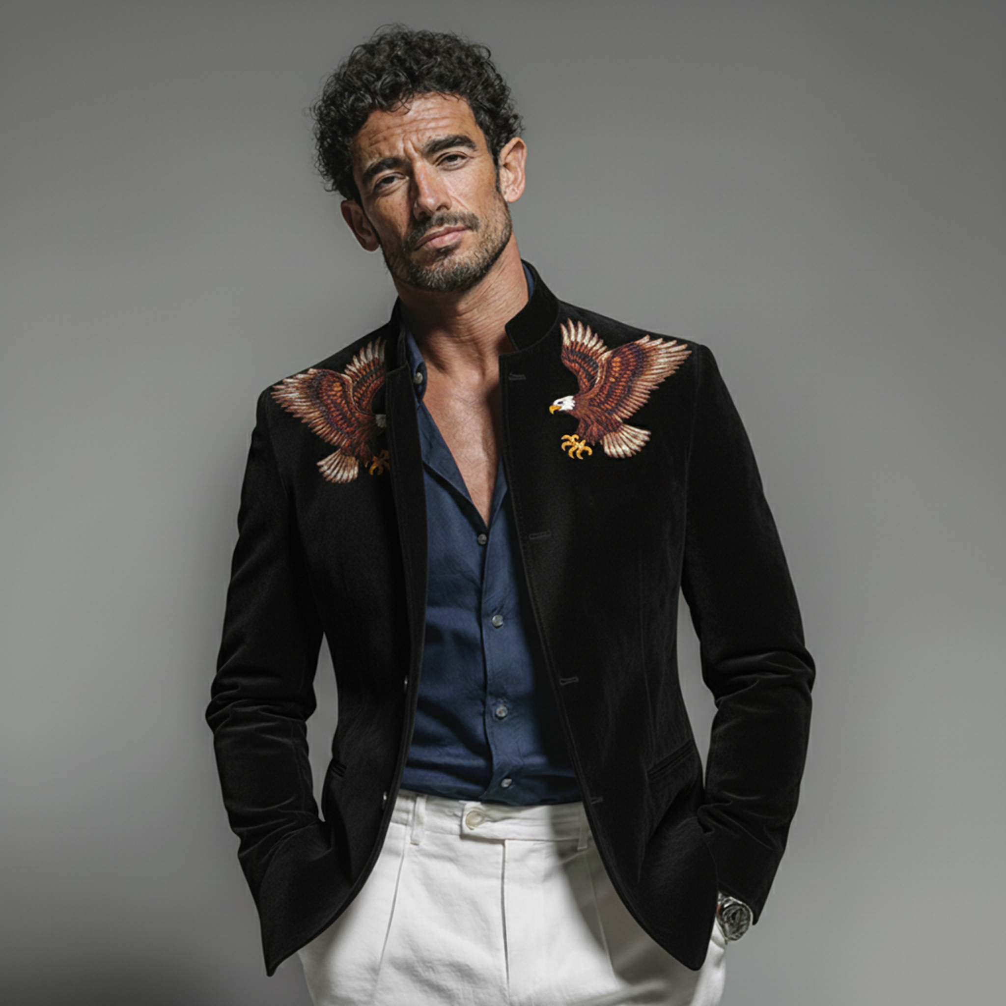 Men's Classic Vintage Stand-collar Embroidered Faux Velvet Jacket MTA0957L4K