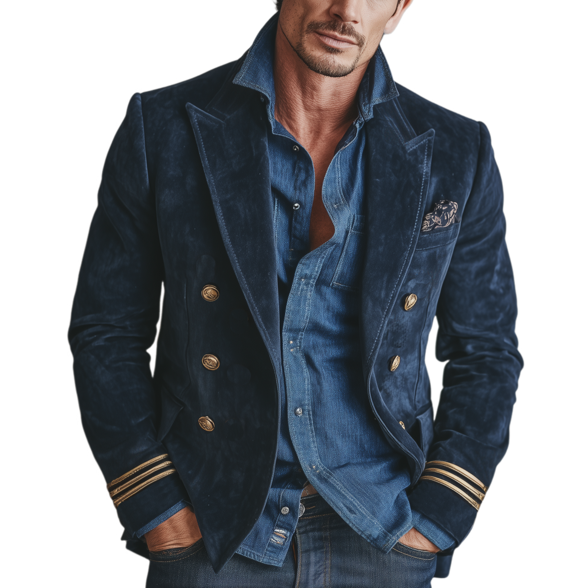 Men's Classic Vintage Navy Suede Double-breasted Slim-fit Blazer MTA1550I1K
