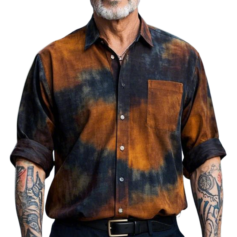 Men's Casual Vintage Lapel Tie-dye Printed Cotton Blend Long-sleeved Shirt 65205457F