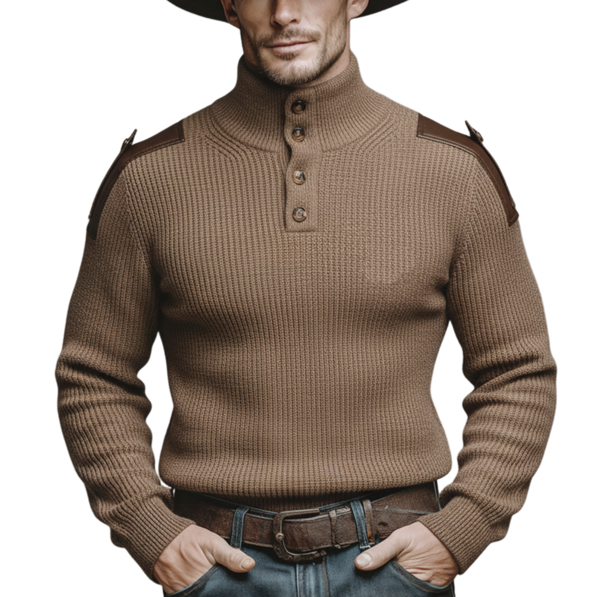 Men's Classic Retro Western Style PU Leather Epaulette Stand Collar Slim Fit Sweater MTA3037K3K