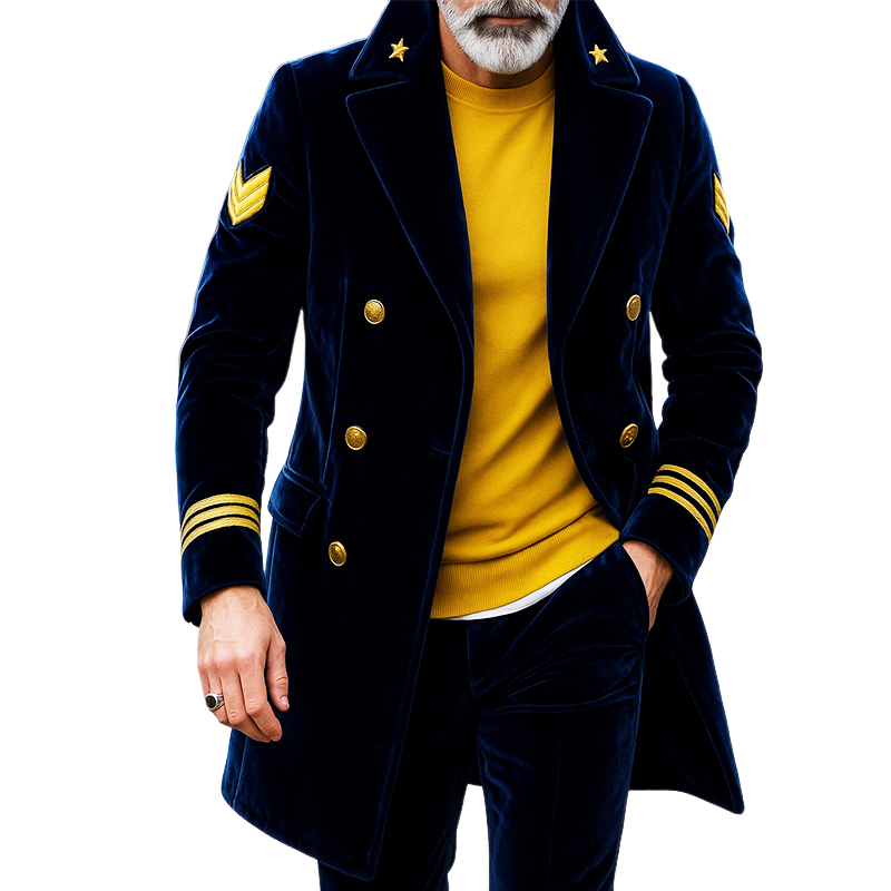 Men's Retro Casual Navy Style Embroidered Velvet Lapel Mid-Length Double-Breasted Coat MTA0534I0TO