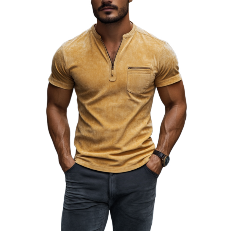 Men's Classic Casual Slim Fit V-Neck Zipper Pocket Suede Short Sleeve T-Shirt 29951507K