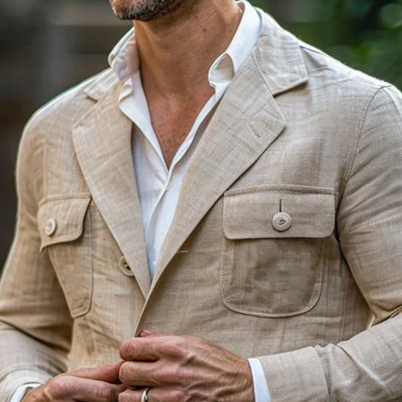 Men's Vintage Notch Lapel Cotton Linen Blended Loose Safari Jacket 30254085M