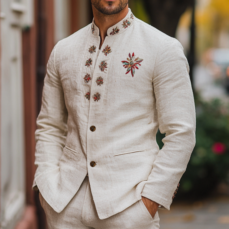 Men's Casual and Comfortable Linen Blend Embroidered Stand Collar Single Breasted Blazer 62069558F