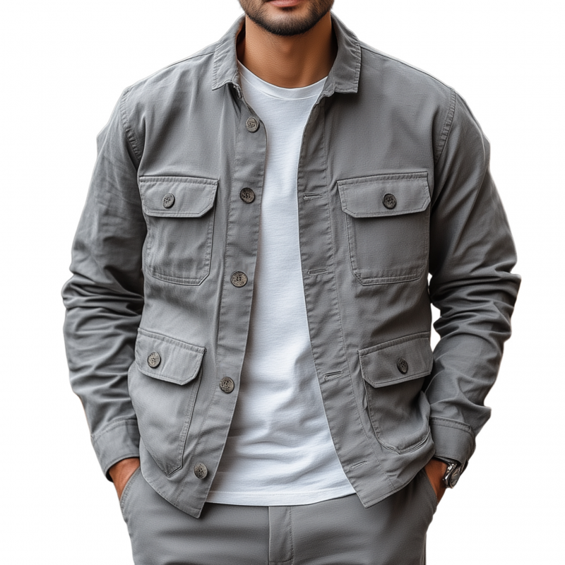 Men's Casual Outdoor Solid Color Breathable Cotton Washed Lapel Multi-Pocket Work Jacket MTA2508G5M