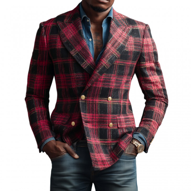 Men's Vintage Contrast Plaid Jacquard Peaked Lapel Double-Breasted Slim-Fit Blazer MTA2895G2M