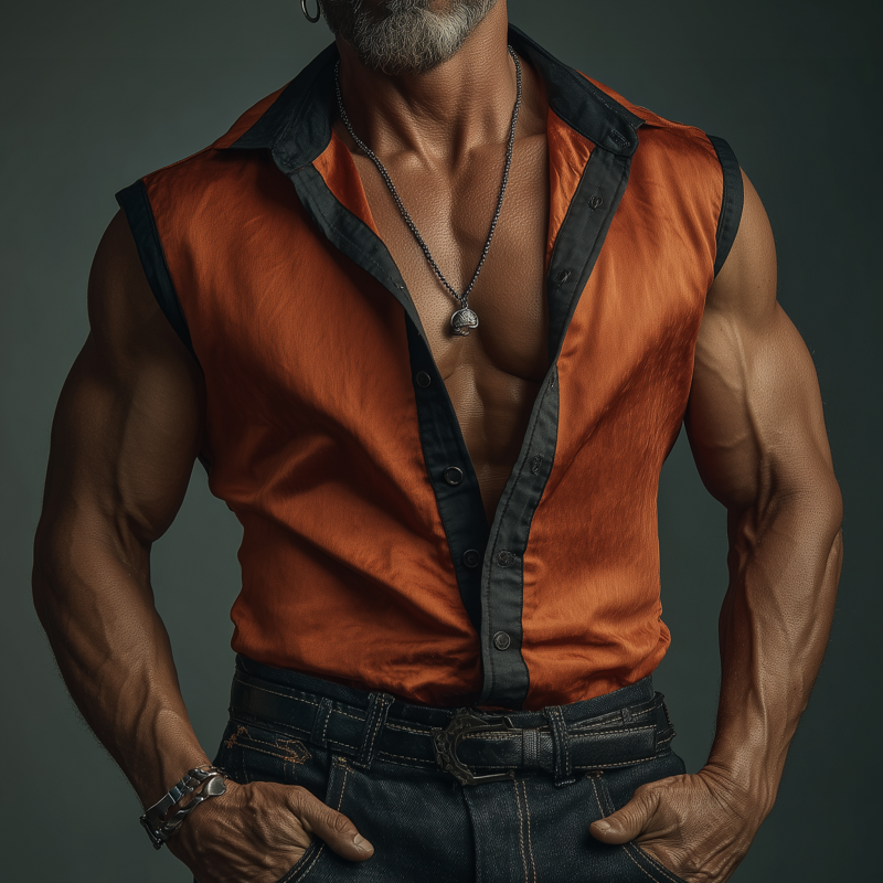 Men's Casual Colorblock Patchwork Satin Lapel Single-breasted Slim-fit Sleeveless Shirt MTA1427G4M