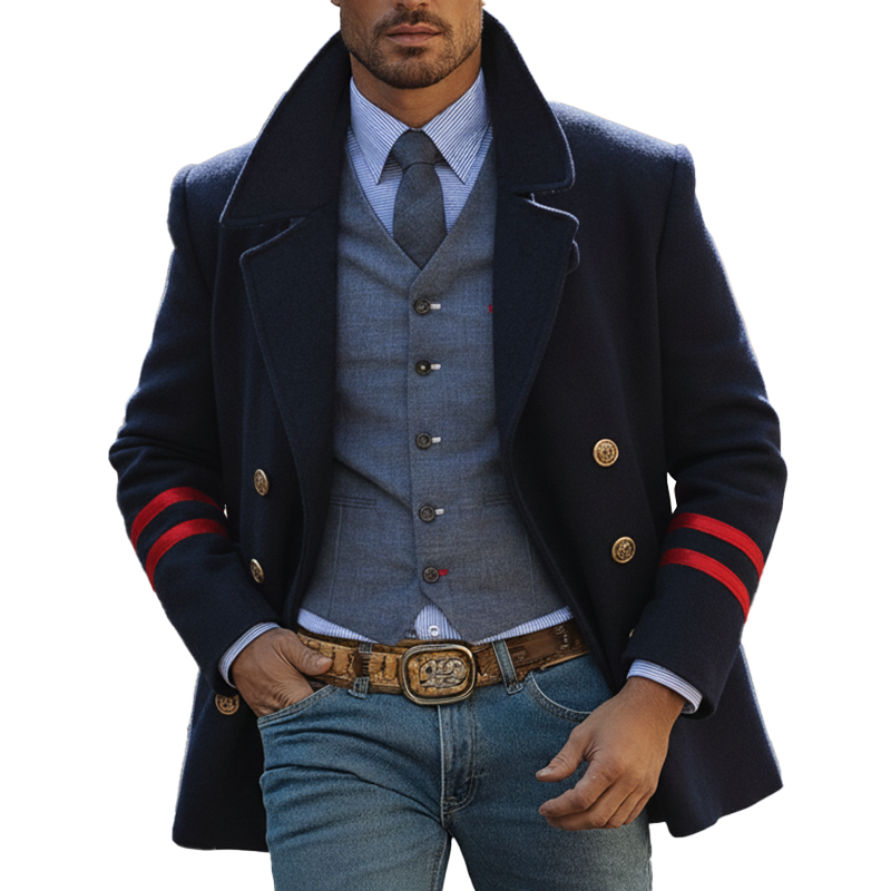 Men's Winter Retro Color-blocked Faux Wool Double-breasted Military Overcoat MTA2464K2P